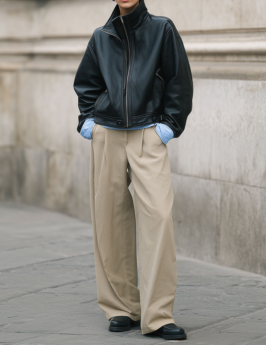 Commuting Minimalist Turtleneck Environmentally Friendly Leather Jacket