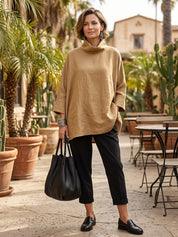 Quiet Luxury Linen Blend Oversized-Fit Camel Cowl Neck Tunic Top