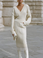 Minimalist Cable Knit Shorts Sweater & Lace Patchwork Skirt Set