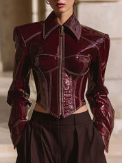 Deconstructed Eco-friendly Patent Leather Tapered Hem Slim Fit Jacket