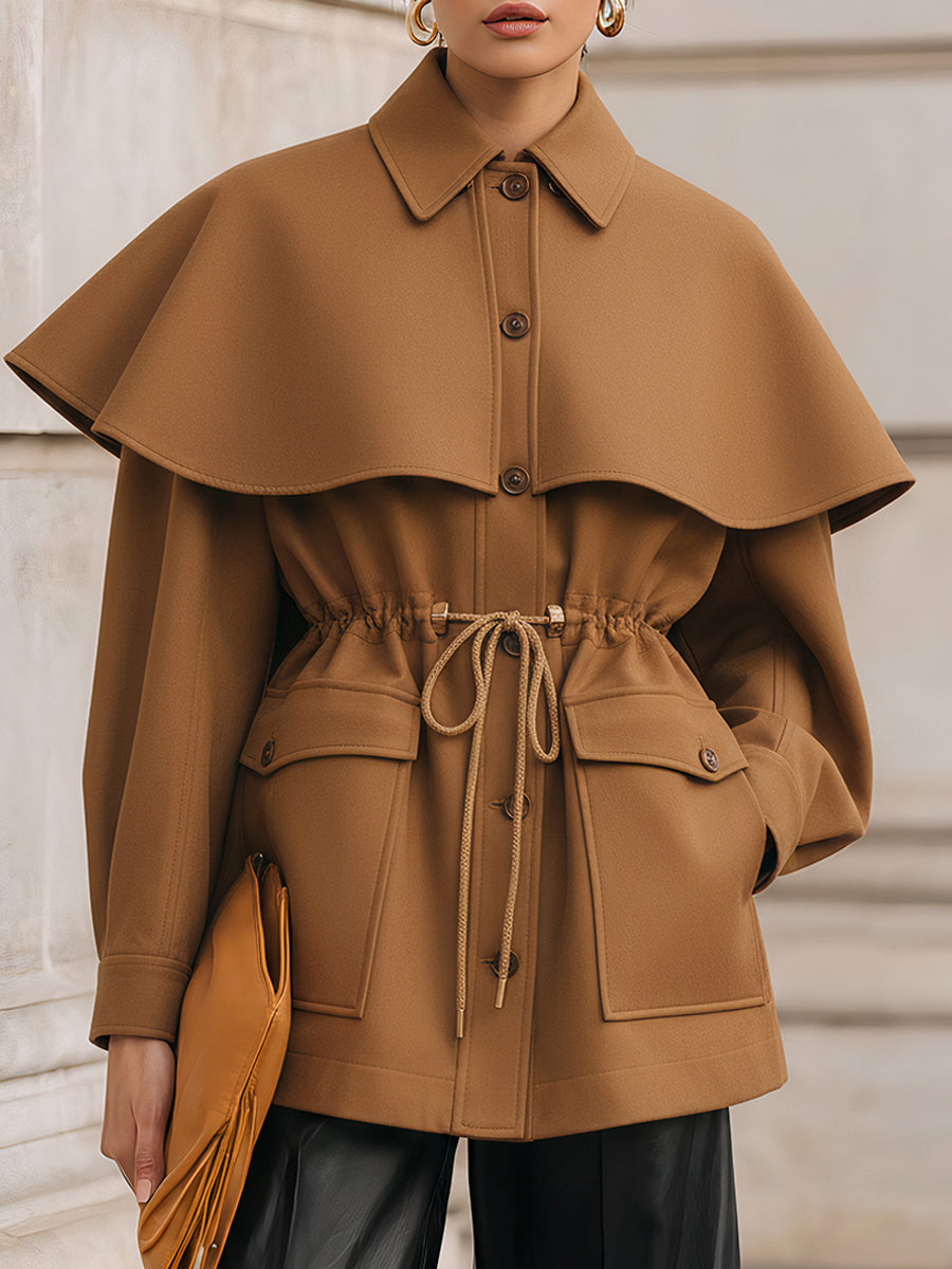 Old Money Detachable Cape Collar Waist Drawstring Woolen Jacket