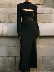 Uniquely Designed Chest Hollow Hem Pleated Belt Maxi Dress