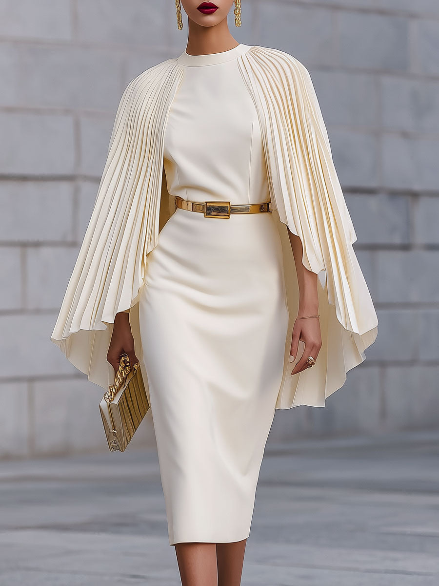 Commuting Pleated Cap Sleeve Slim Fit Midi Dress