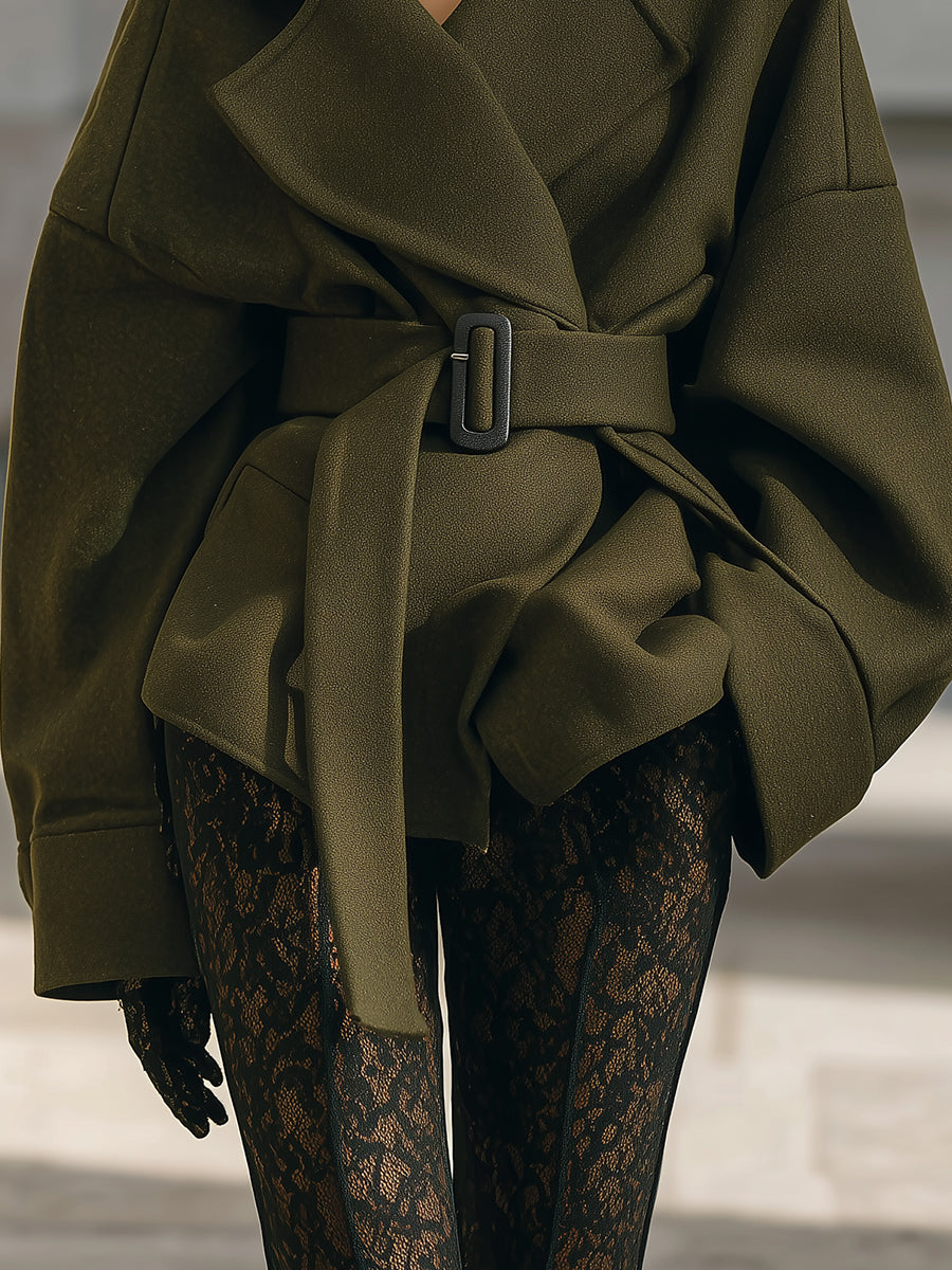 Old Money Oversized Woolen Short Hooded Jacket With Belt