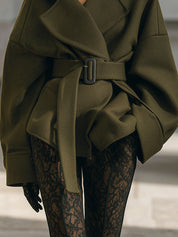 Old Money Oversized Woolen Short Hooded Jacket With Belt