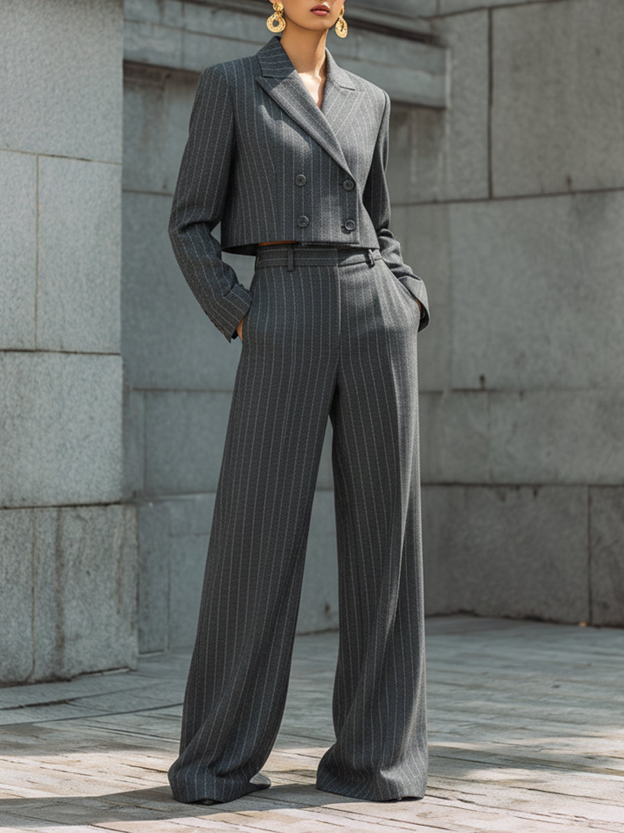 Classic Woolen Striped Short Jacket & Floor-length Wide-leg Pants Set