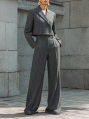 Classic Woolen Striped Short Jacket & Floor-length Wide-leg Pants Set