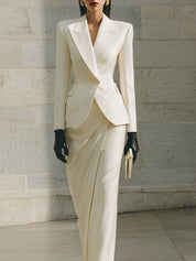 90s Minimalism Revival Matte Satin Waist Blazer & Pencil Long Skirt Set