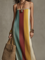 Bohemian Style Striped Color Block Spaghetti Strap Long Dress