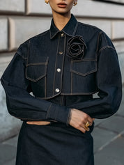 Vintage Denim Cropped Jacket With Oversized Rose Appliqué