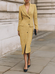 Old Money Sequined Tweed Lapel Oblique Placket Midi Dress