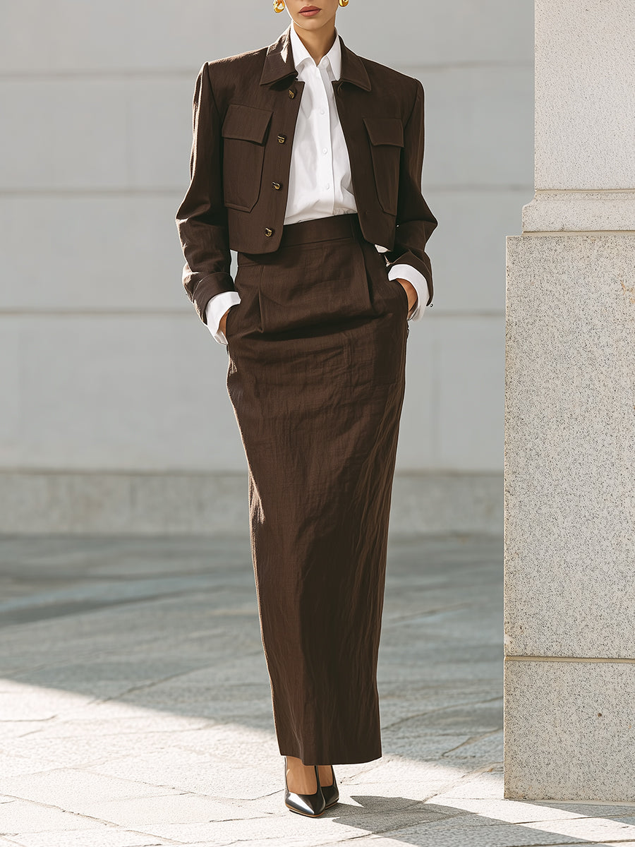 Old Money Cotton Cropped Jacket & Straight Back Slit Pencil Skirt Set