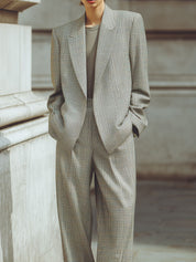 Minimalist Fine Plaid Shoulder Padded Woolen Blazer & Straight Pants Set
