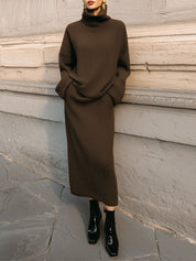 Minimalist Turtleneck Knitted Sweater & Diagonal Pocket Skirt Set