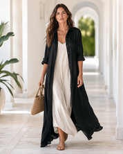 Black Button-Front Bohemian Shirt Maxi Dress