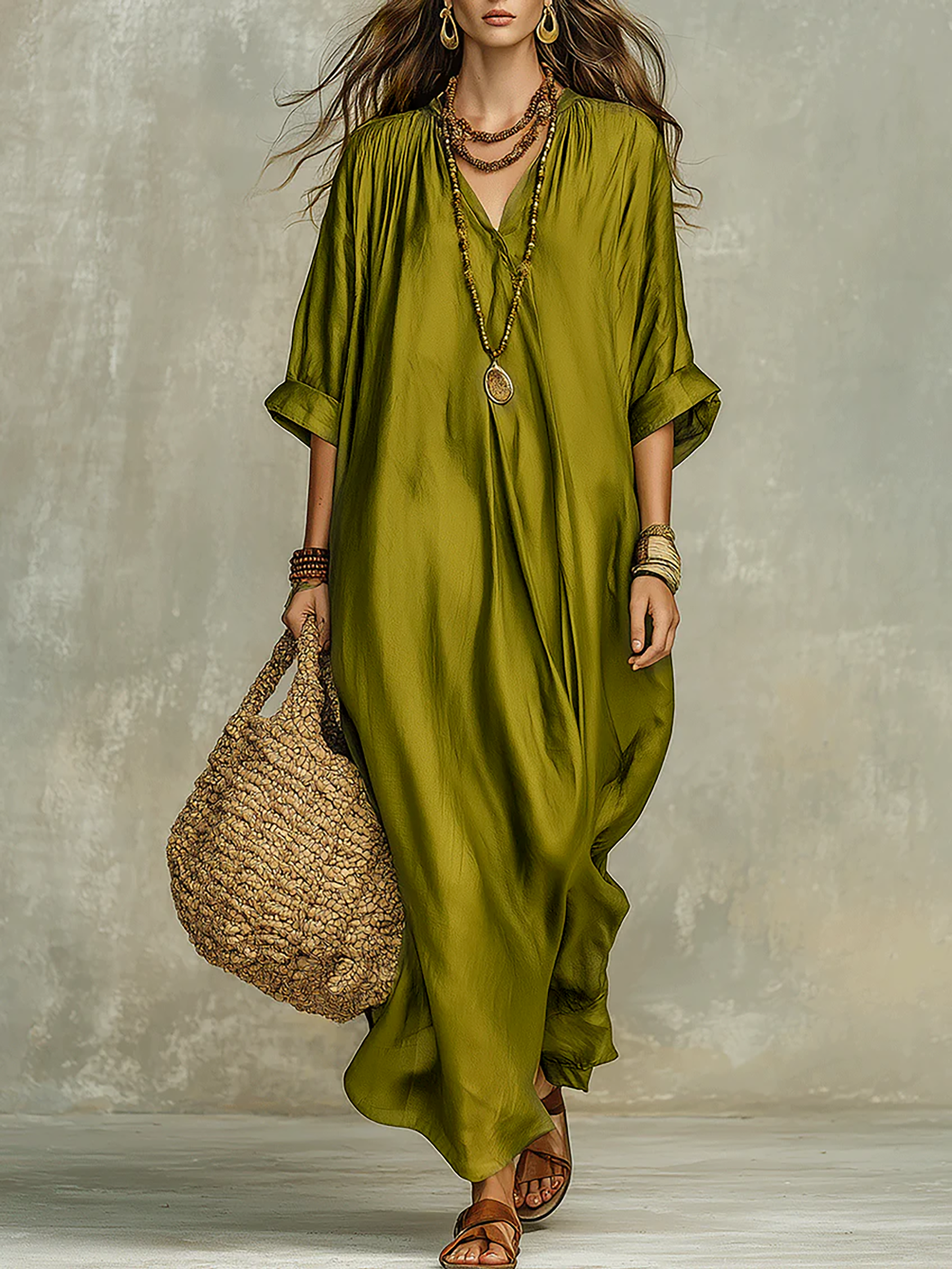 olive green bohemian dress Green - dresses