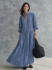 Blue Gingham Check Long Sleeve Maxi Shirt Dress
