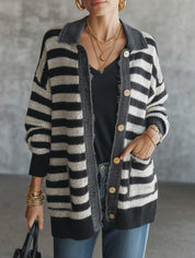 Women's Striped Button-Up Knit Raw-Edge Trim And Pockets Cardigan