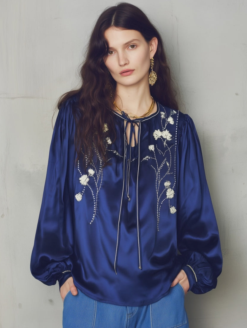 Refined Royal Blue Floral Embroidered Blouse