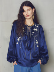 Refined Royal Blue Floral Embroidered Blouse