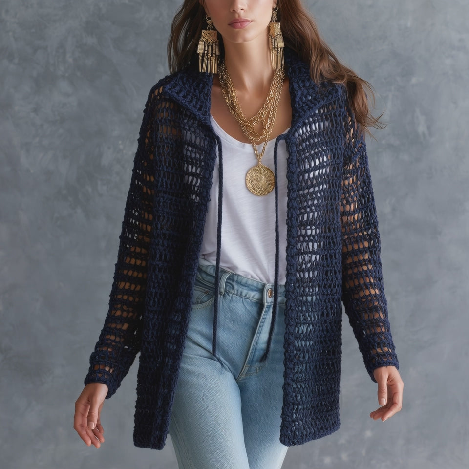Coastal Boho Open-Knit Long-Sleeve Hollow-Out Dark Blue Duster Cardigan