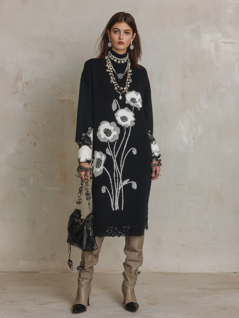 Quiet Luxury Soft Knit Oversized-Fit Black Floral Jacquard Tunic Dress