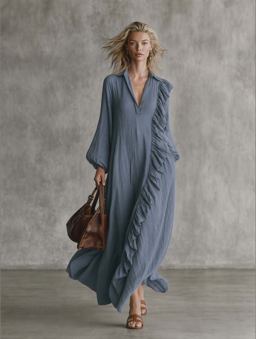Ruffle Trim V-Neck Long Sleeve Maxi Dress