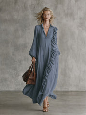 Ruffle Trim V-Neck Long Sleeve Maxi Dress