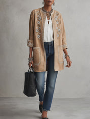 Women's Floral Embroidered Open-Front Suede Jacket