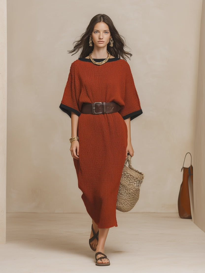 Minimalist Autumn Sweater-Knit Round-Neck Cocoon Brick Red Maxi Dress