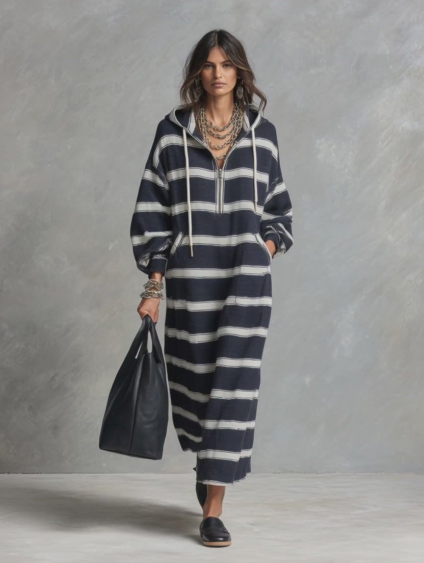 Striped Hooded Half-Zip Maxi Sweatshirt Dress