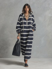 Striped Hooded Half-Zip Maxi Sweatshirt Dress