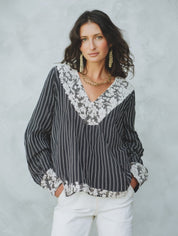 Elegant Black Lace Trim Striped Blouse