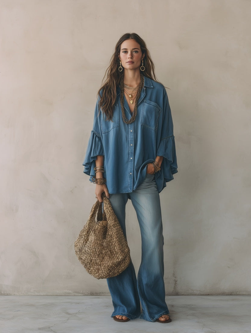 Effortless Chic Chambray Drop-Shoulder Flare-Sleeve Denim Blue Blouse