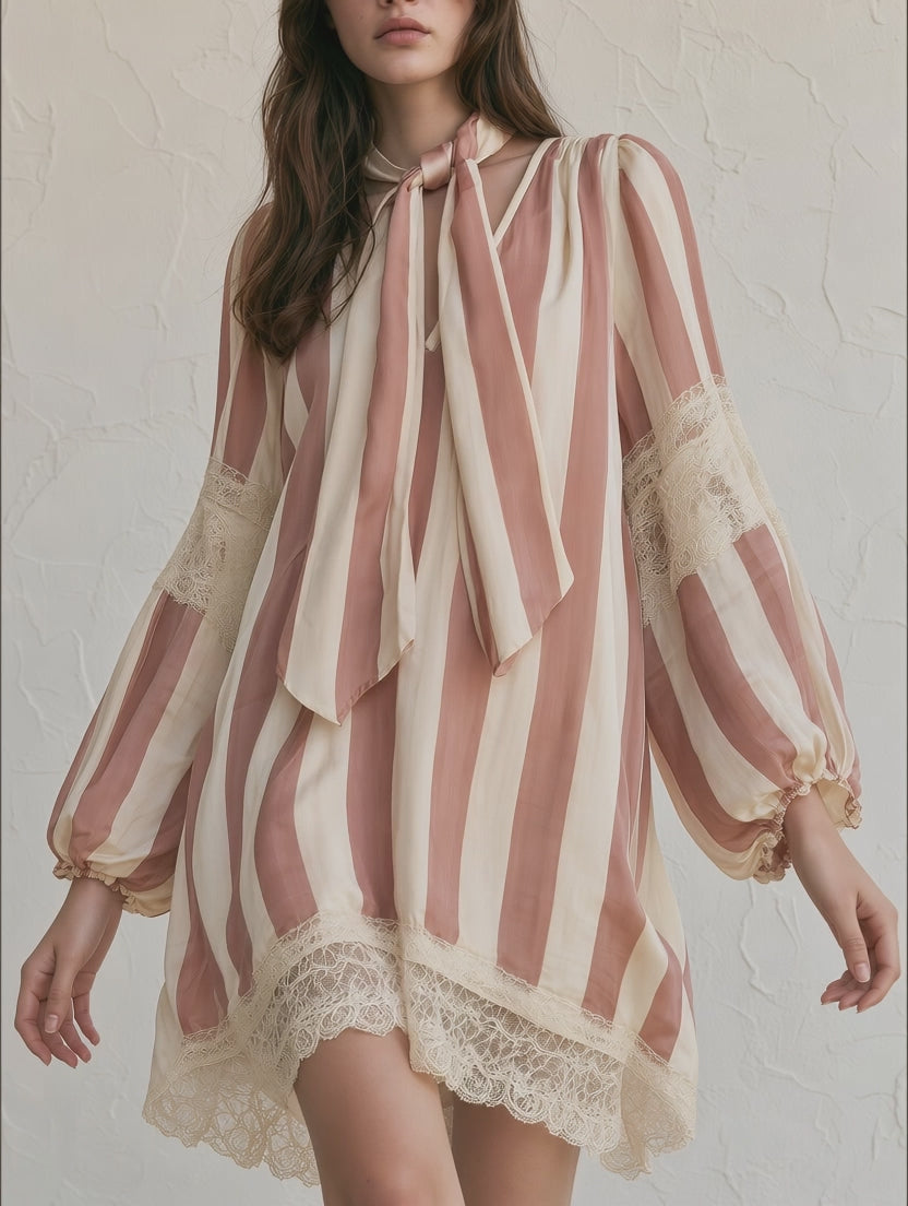 Striped Bow-Tie Neck Lace Trim Lantern Sleeve Mini Dress