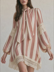 Striped Bow-Tie Neck Lace Trim Lantern Sleeve Mini Dress
