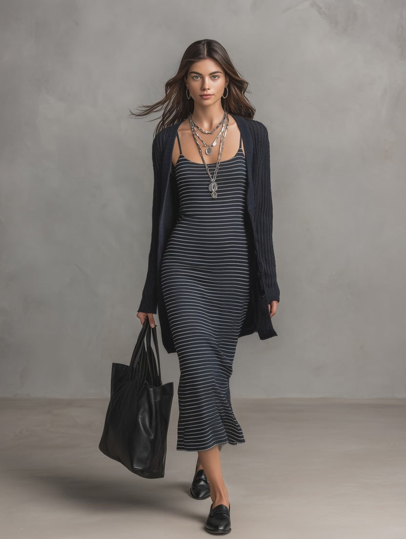Striped Slip Midi Dress with Knit Cardigan