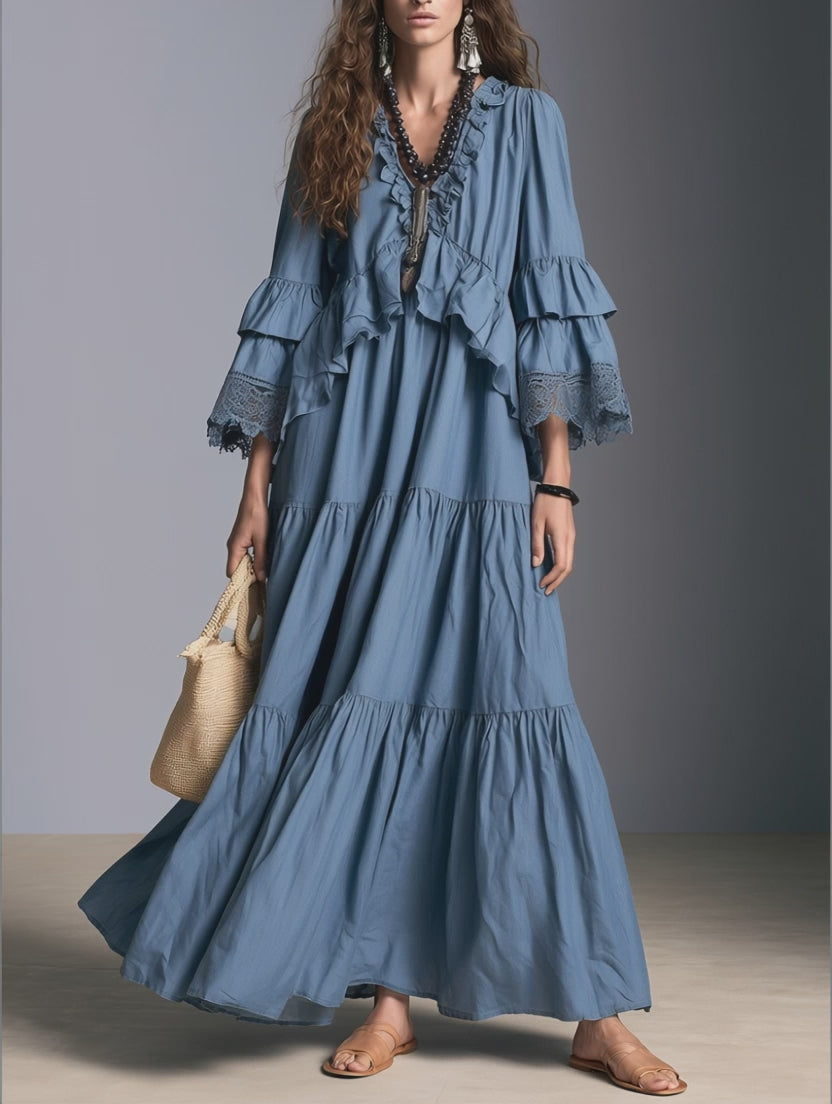 Boho Ruffle V-Neck Bell Sleeve Lace Trim Maxi Dress
