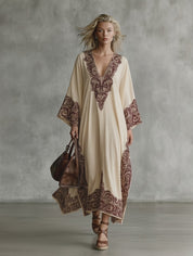 Mediterranean Luxe Paisley Border Caftan Midi Dress