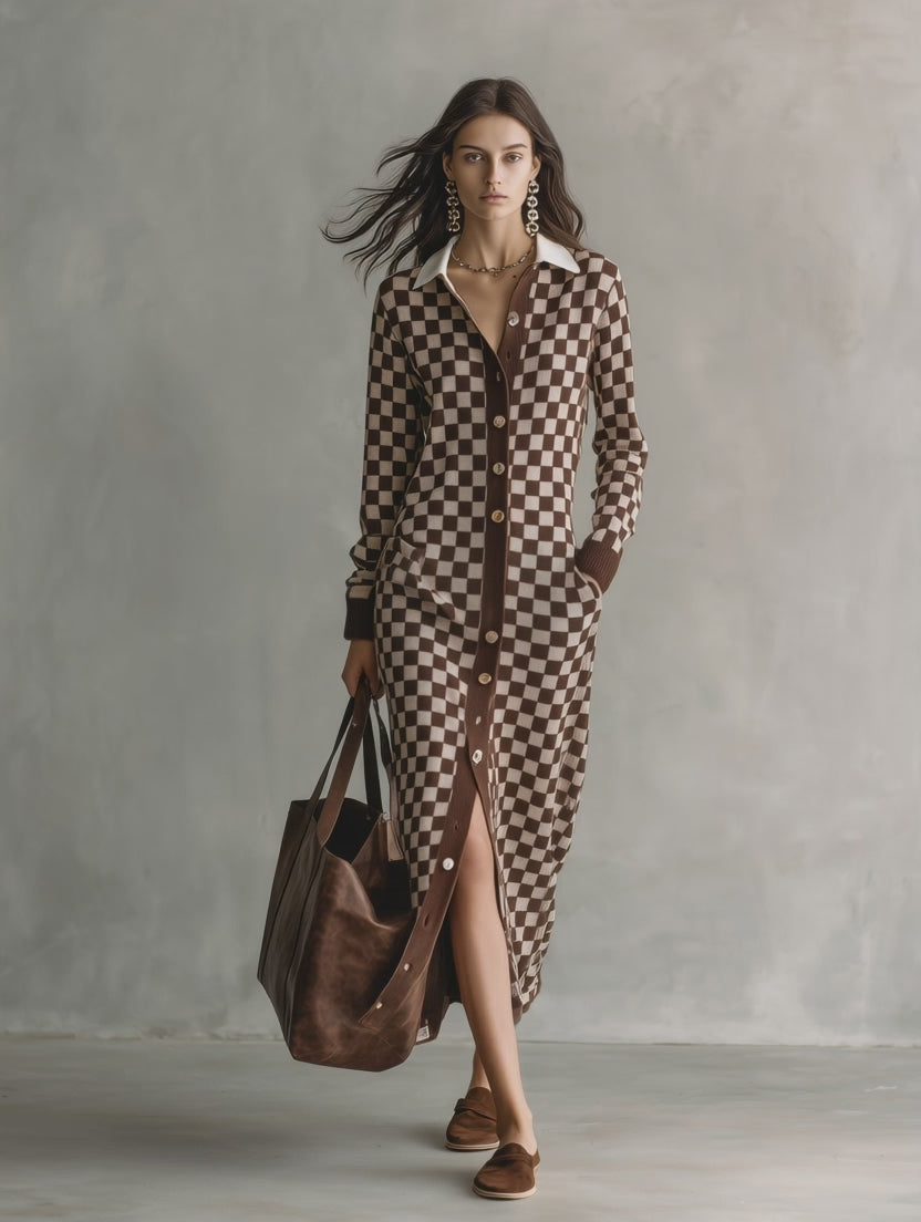 Checkered Print Long Sleeve Button-Up Knit Maxi Cardigan Dress