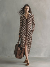 Checkered Print Long Sleeve Button-Up Knit Maxi Cardigan Dress