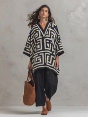 Artisan Cotton Blend Oversized-Fit Monochrome Pattern Poncho Blouse And Pant Set