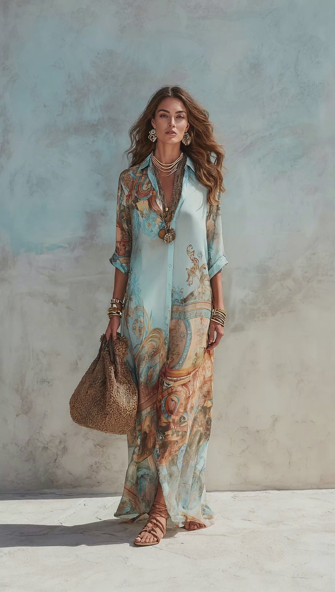 Baroque Style Floral Blue Chiffon Maxi Dress