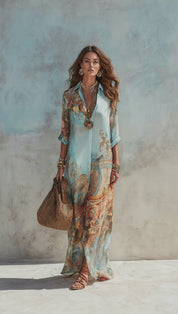 Baroque Style Floral Blue Chiffon Maxi Dress