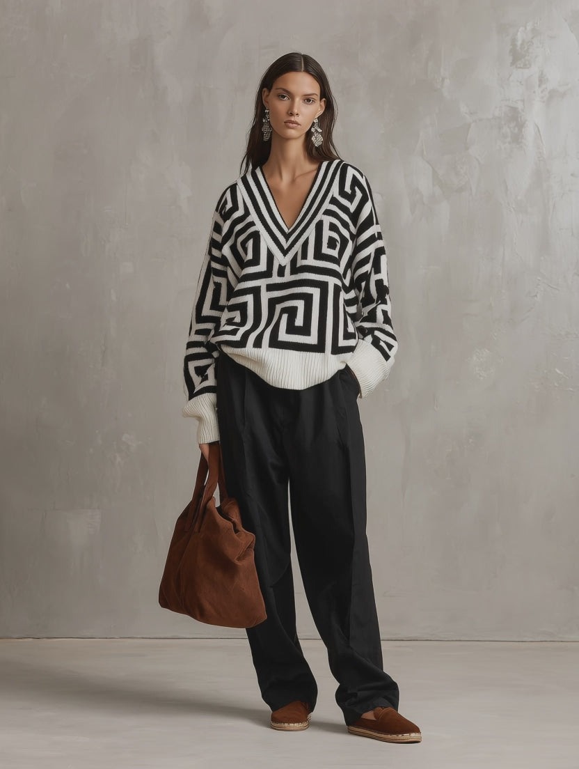 Oversized Geometric Jacquard V-Neck Sweater