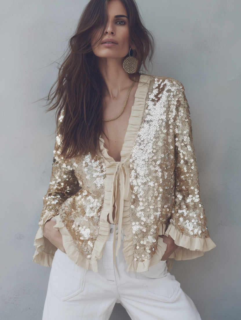 Elegant Champagne Sequin Ruffle Tie-Front Blouse