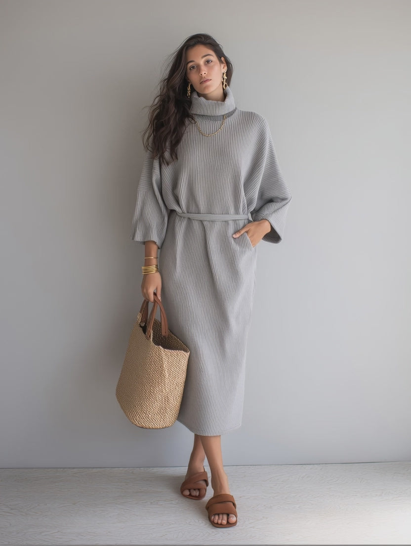 Elegant Light Gray Ribbed Turtleneck Sweater Dress
