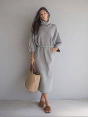 Elegant Light Gray Ribbed Turtleneck Sweater Dress
