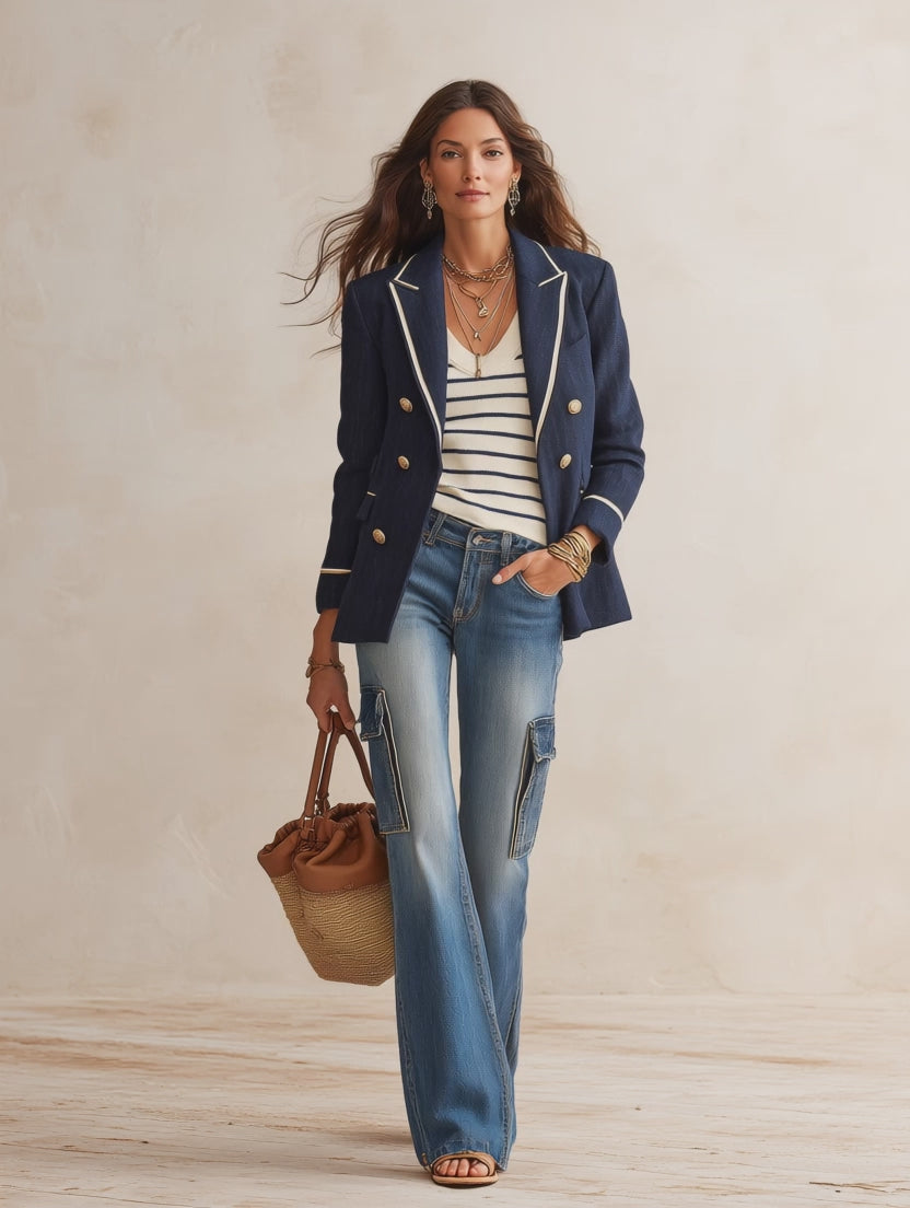 Effortless Chic Linen-Blend Notch-Lapel Gold-Button Navy Tailored Blazer