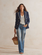 Effortless Chic Linen-Blend Notch-Lapel Gold-Button Navy Tailored Blazer